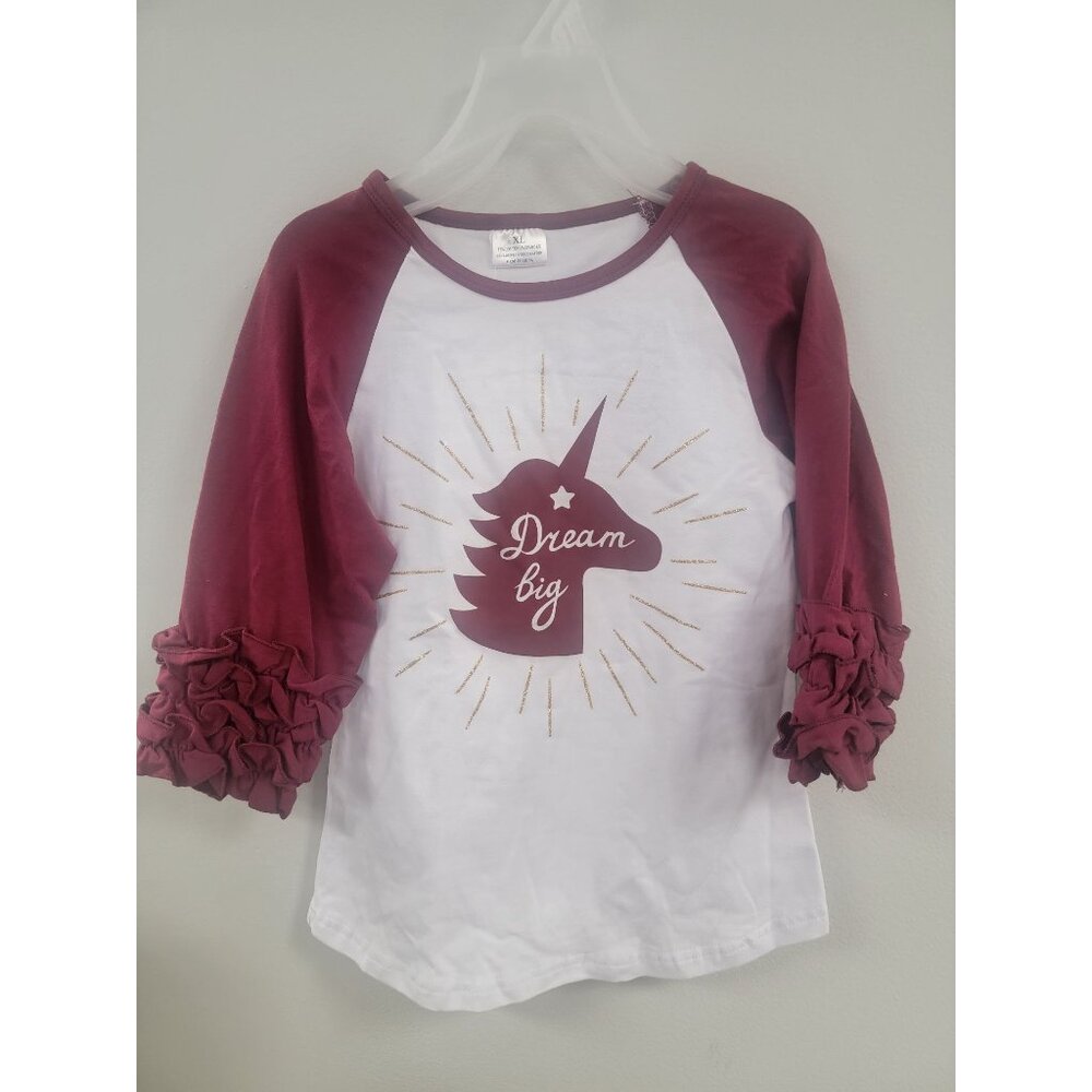 Girls' Raglan "Dream Big" Unicorn Shirt With Ruffle Sleeves 7/8